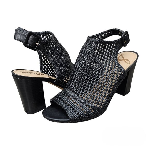 Sam Edelman Evie Basket Weave Open Toe Sling Back Black Block Heel Sandal - Picture 2 of 13